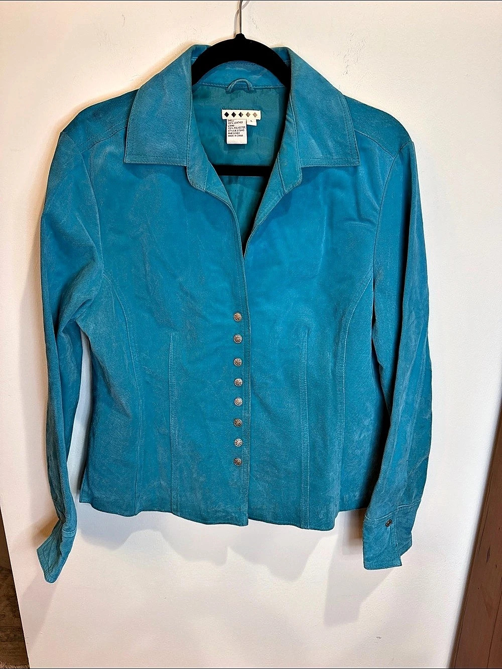 Vintage Women's 100% Leather Suede Turquoise Jacket w/Silver Snaps, L Aztec